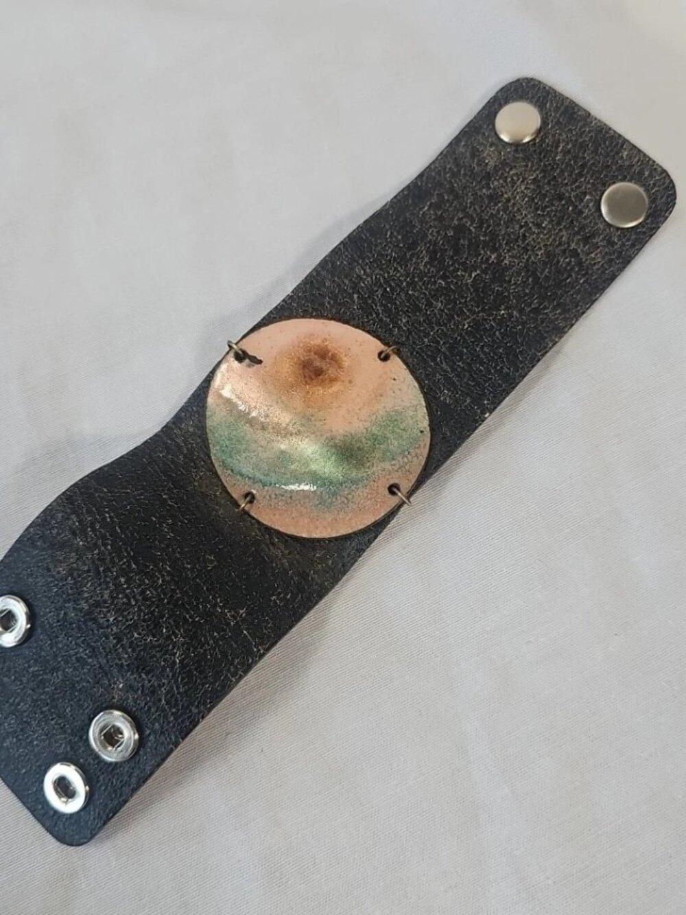 Leighelena Genuine Leather Cuff Bracelet W/ Enamel Centerpiece